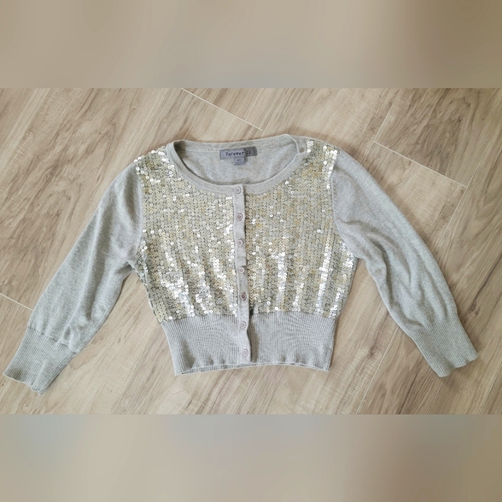 FOREVER 21 Cardigan Grey Sweater with Sequins, Size Medium